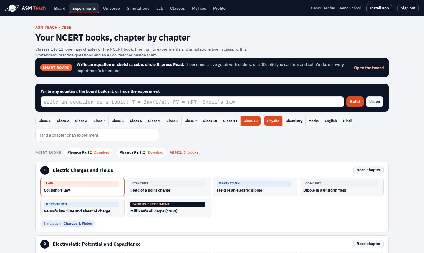The NCERT library in ASM Teach: Class 1 to 12 tabs, subjects, and the chapters of Physics Part I with their experiments