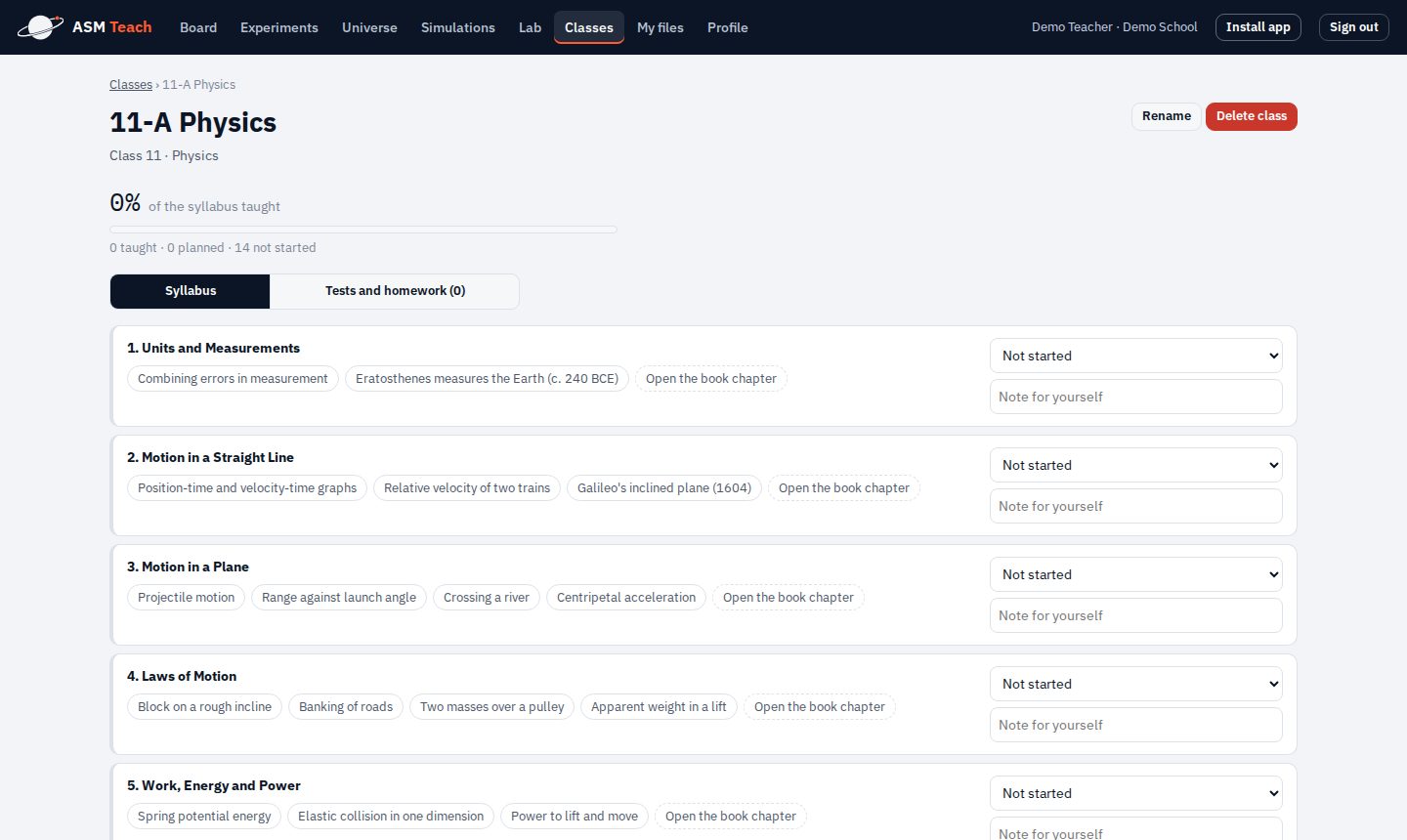 A class page in ASM Teach: syllabus taught, chapters with their experiments, and status for each chapter