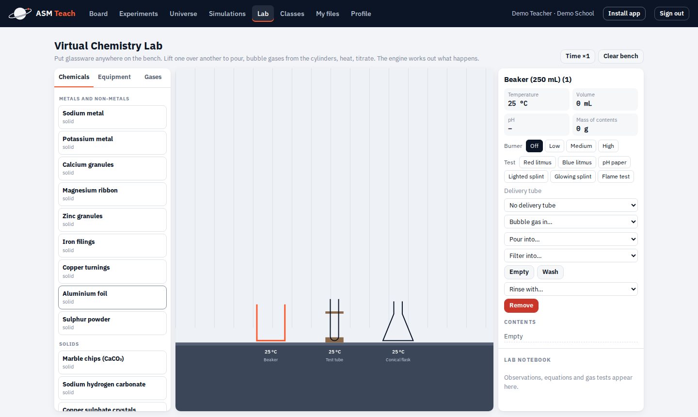 The virtual chemistry lab in ASM Teach with chemicals, glassware on the bench and a beaker's readings